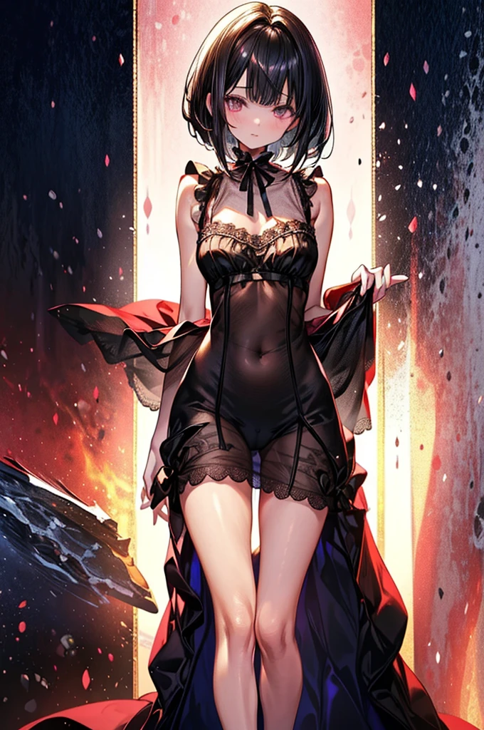 ((highest quality)),(ultra high resolution),(Super detailed),(detailed description),((best CG)),(best work of art),super precision art, great drawing art,(Art with precise details:1.5), (1 woman:1.5), beautiful and well-shaped face:1.5,(Beautiful skin with precise and detailed depiction:1.6),(Very precisely depicted black sheer Pyjama nightdress:1.5),provocative angle:1.6,gorgeous, beautiful young age girl, 13 ynned white skin, loose and flowing silky thigh-length negligee sleepwear, short shoulder length hair, sleek dark violet-black hair, Pixie cut hair, big round velvet colored eyes, fringe bangs over forehead, oval shaped face, sharp facial features, high-bridged nose, full cherry pink lips. medium height(172cm). D-cup breasts, small narrow waist. small delicate curvy hips, smooth silky thick thighs, large round ass, hourglass figure, slender and slim build, standing upright, full body picture, hip-level shot. classy and opulent bedroom setting