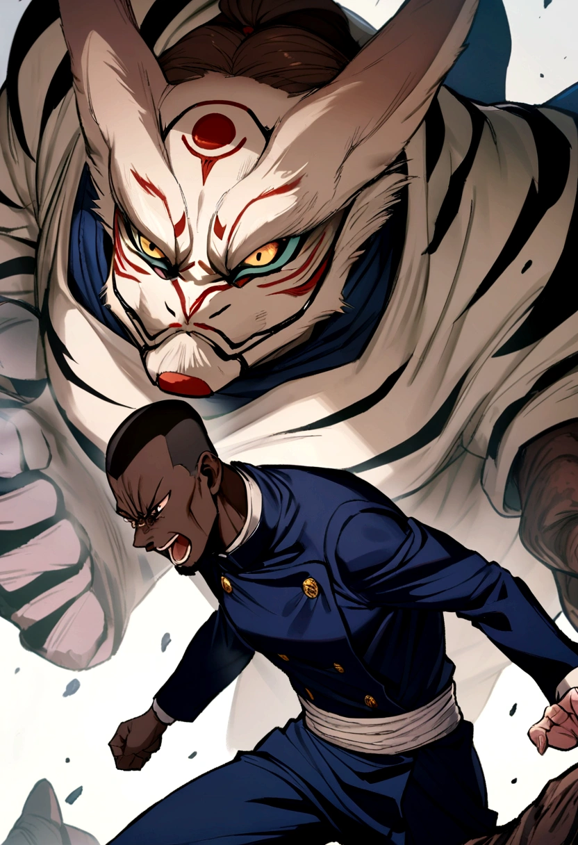 sukuna from jujutsu kaisen with brown hair fighting a black man