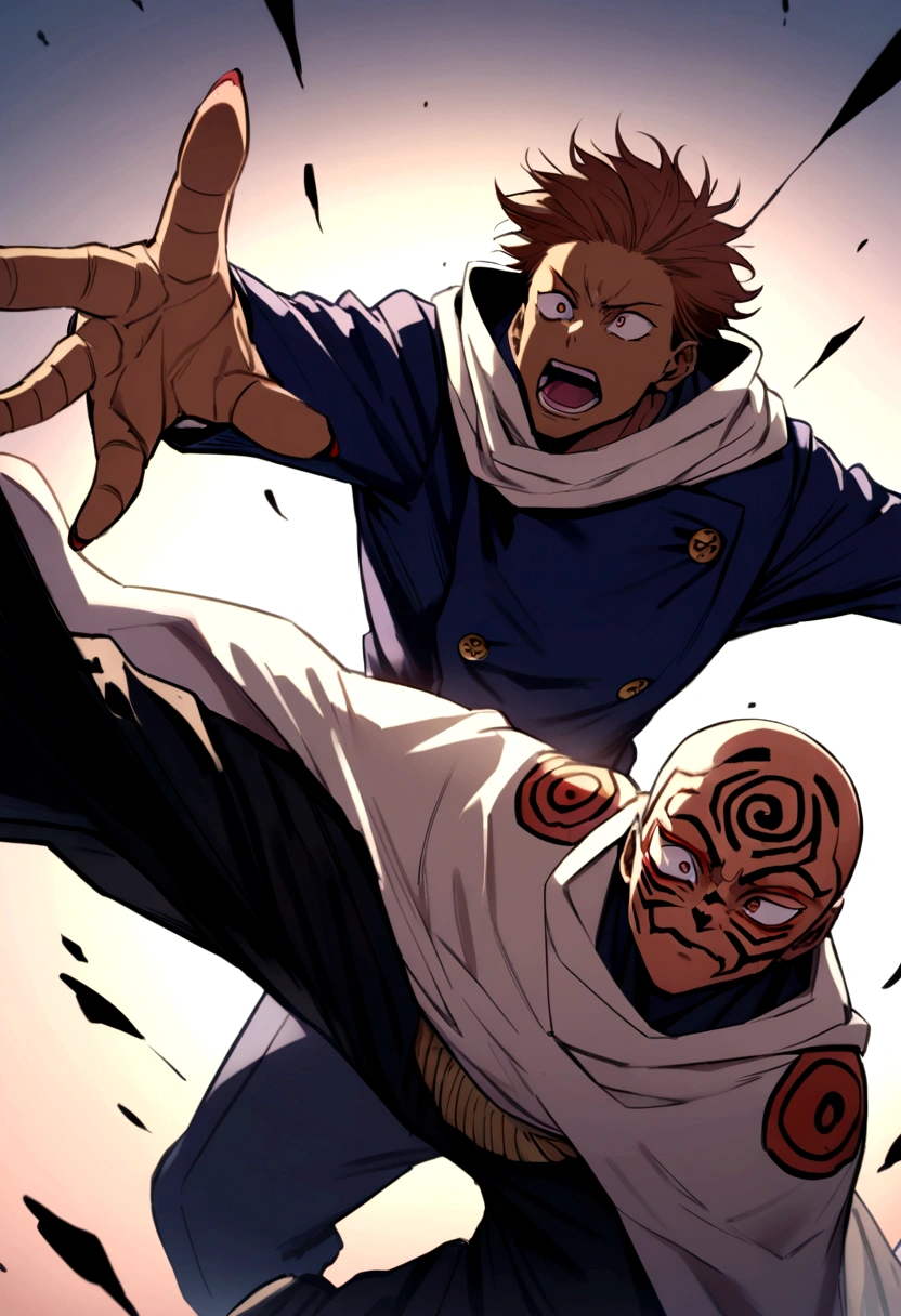 sukuna from jujutsu kaisen with brown hair fighting a black man