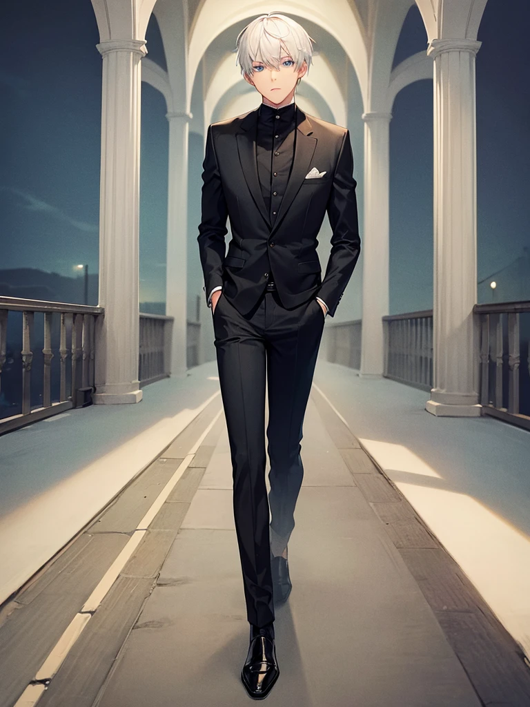 Man, back turned, alone, white hair, blue eyes, short hair, wearing a black suit, night view of the bridge.
