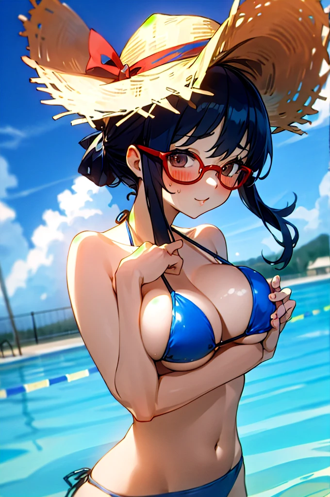 Blue bikini wearing glasses red straw hat swimmer touching breast