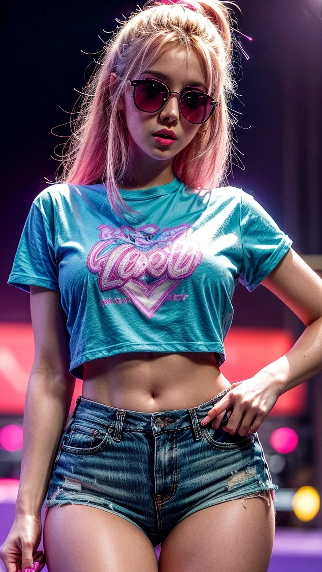 beautiful body of 30 years old woman wearing sunglasses with purple frames and pink color glass illuminated by colorful lights photorealistic background bright colors Luminous background of neon pink and neon blue glitter powder with blonde hair pink and blue smoke vapor, Blue eyes,wide,ripped shorts,White shirt,