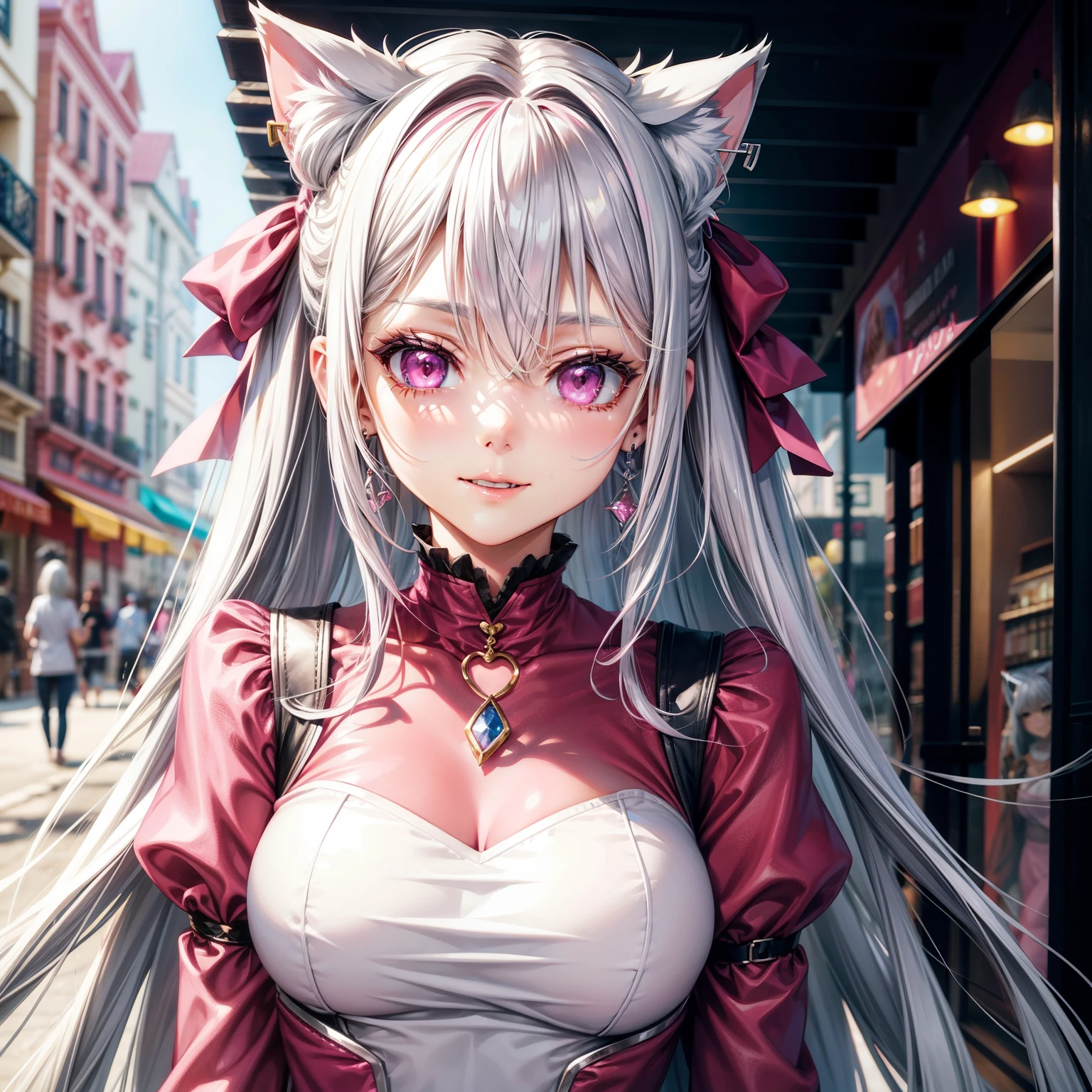 Silver hair, pink eyes, body, cat ears, woman, earrings, fantasy background, casual clothes, hair bows, happy face, pink red clothes