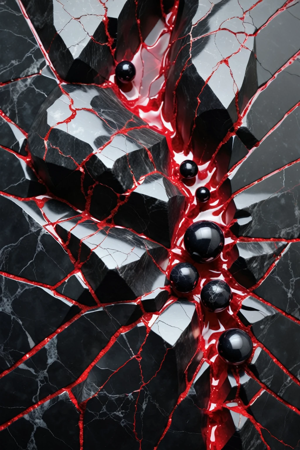 a beautiful abstract image of cracked black marble with red ruby shards bursting out from the cracks, highly detailed, intricate design, marble material, BY Anne Bachelier,