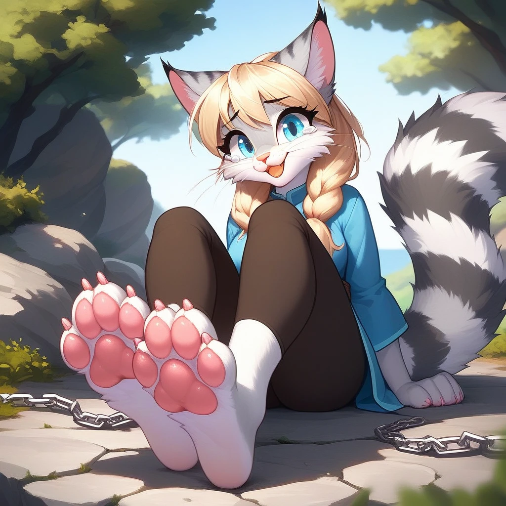 Solo, score_9,score_8_up,score_7_up, source_furry, Kat, Anthro furry feline girl, tall body, hourglass figure, adult female, blue eyes, silver fur, blonde hair with pony tail, (striped tail), white whiskers, pink nose, wearing simple blue long sleeve tunic, light brown fitted pants, barefoot, feet paws, 4 toes, pink paw pads, foot focus, she is smiling, Have tears in one's eyes,mouth open, looking at her feet, looking relieved, eyes half closed, sitting on a rock, outdoors, sunny day, rubbing her feet together, cute dainty feet,chains on her feet paws,The chains fastened her hands and feet paws,Feathers touch her feet pads