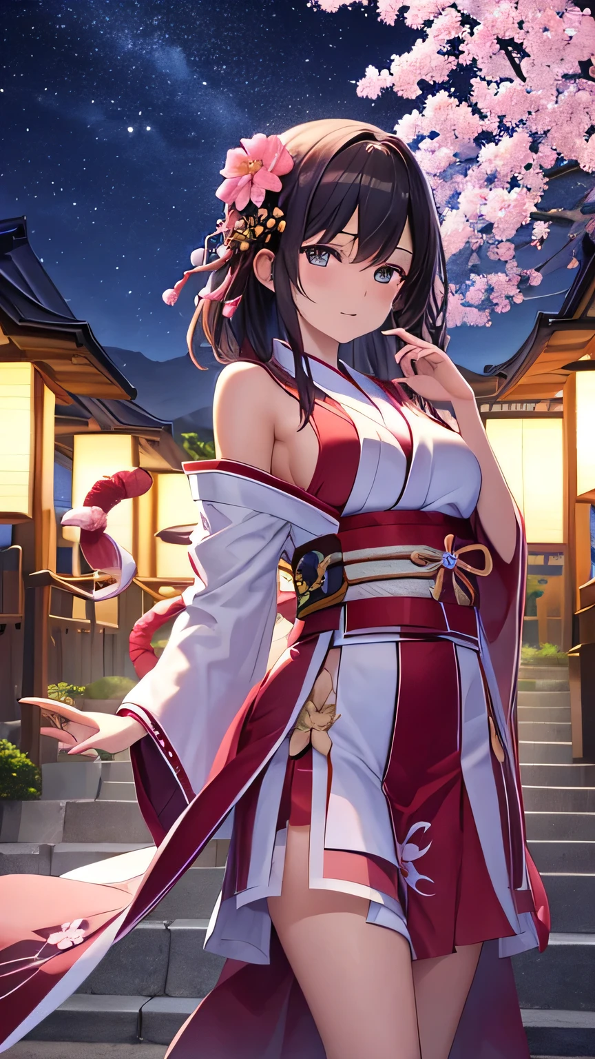 ((best quality)), ((masterpiece)), (detailed), sakura flower, night sky, bloom,  kuil japanese