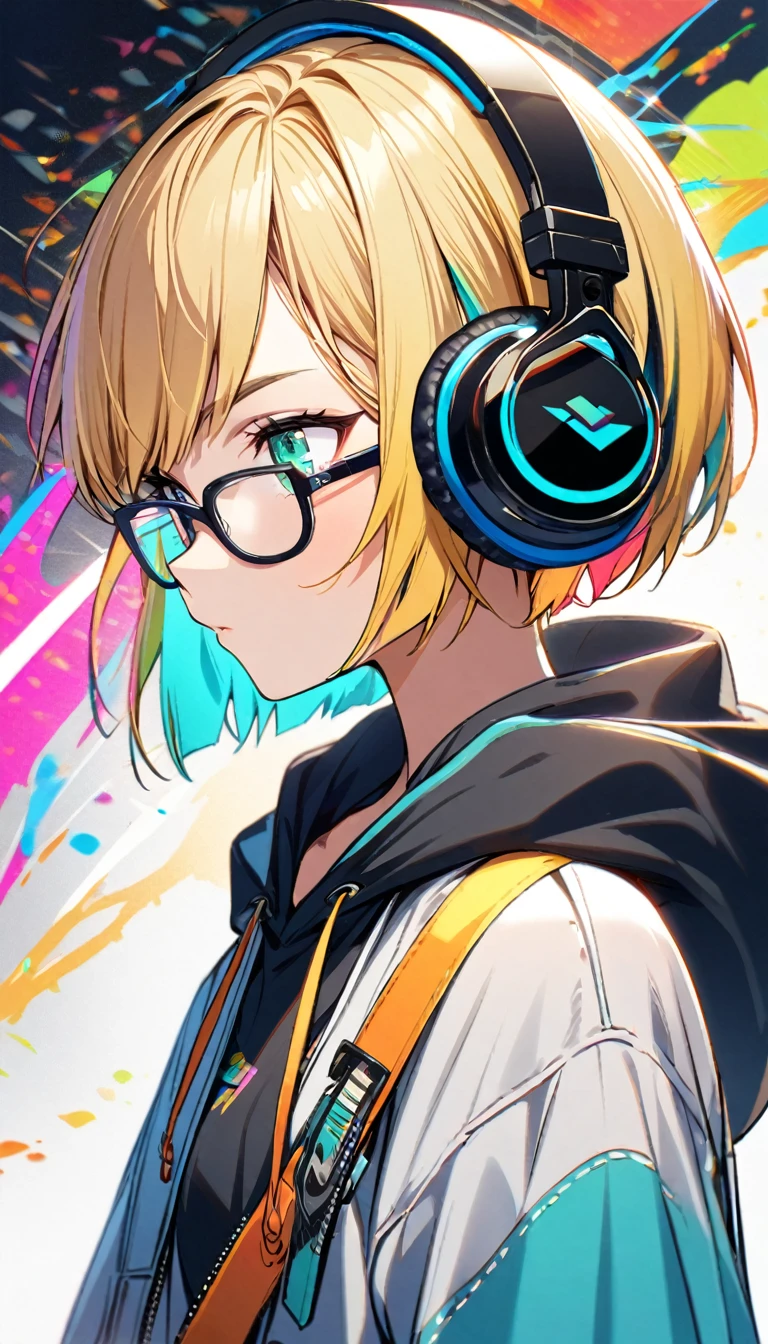 1girl, boyish, facial profile, wearing glasses, aqua eyes, blond hair, short hair, colorful inner hair, headphone, hoodie