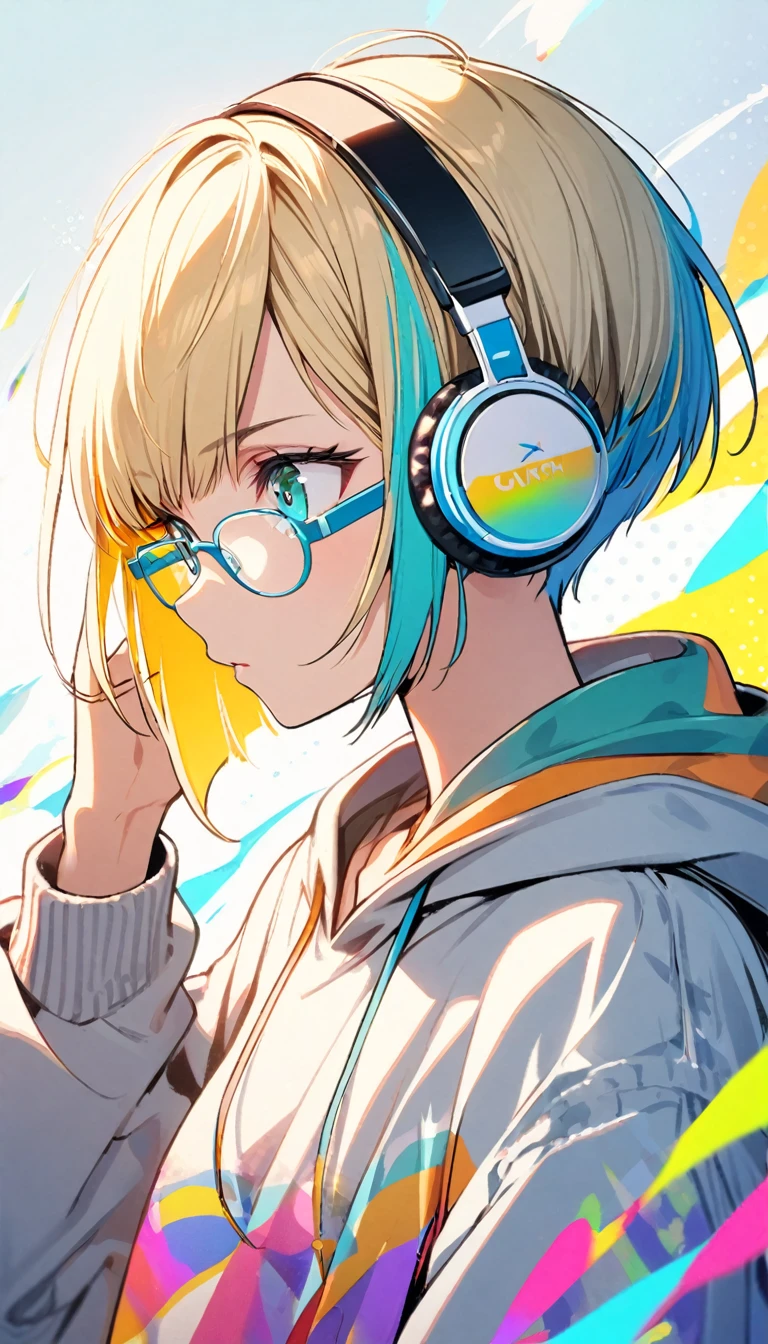 1girl, boyish, facial profile, wearing glasses, aqua eyes, blond hair, short hair, colorful inner hair, headphone, hoodie
