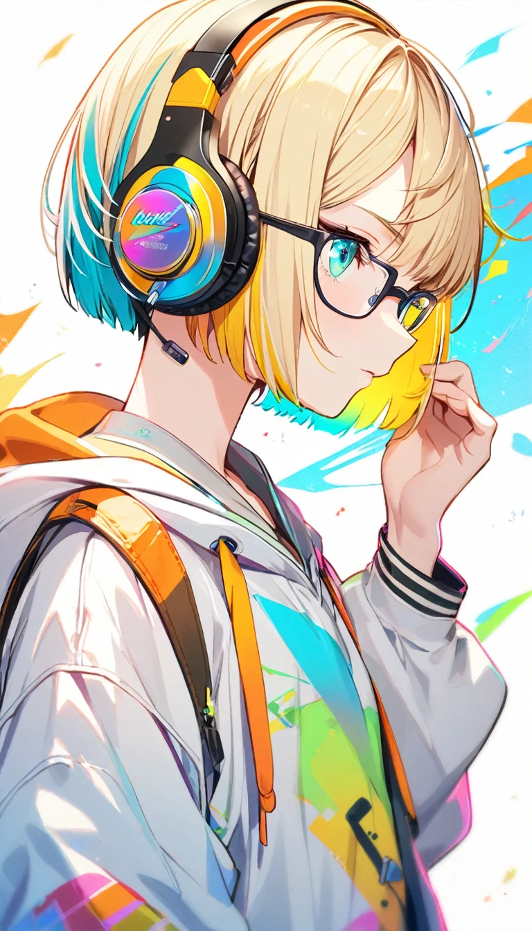 1girl, boyish, facial profile, wearing glasses, aqua eyes, blond hair, short hair, colorful inner hair, headphone, hoodie