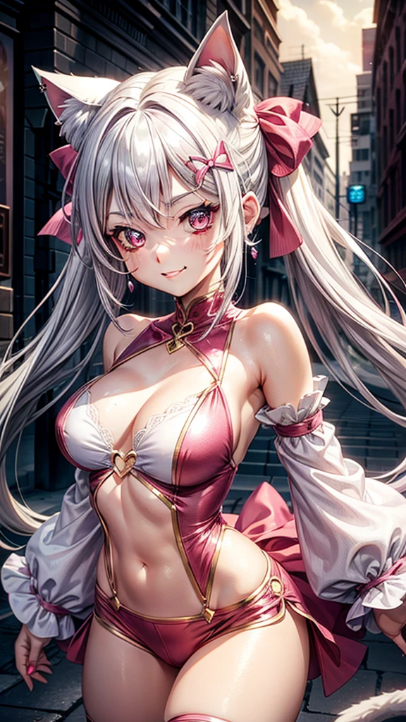 Silver hair, pink eyes, body, cat ears, woman, earrings, fantasy background, casual clothes, hair bows, happy face, pink red clothes