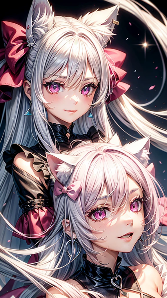 Silver hair, pink eyes, body, cat ears, woman, earrings, fantasy background, casual clothes, hair bows, happy face,  pink red clothes 