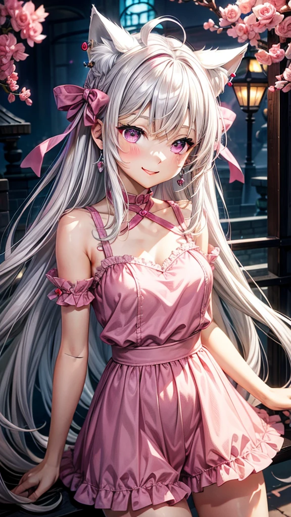 Silver hair, pink eyes, body, cat ears, woman, earrings, fantasy background, casual clothes, hair bows, happy face,  pink red clothes 