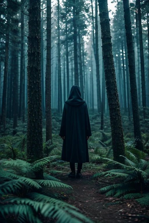 a mysterious forest full of trees and vegetation. High 8K image quality . Among the trees a mysterious dark human figure. 