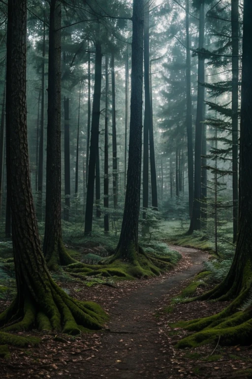 a mysterious forest full of trees and vegetation. High 8K image quality . Among the trees a mysterious dark human figure.