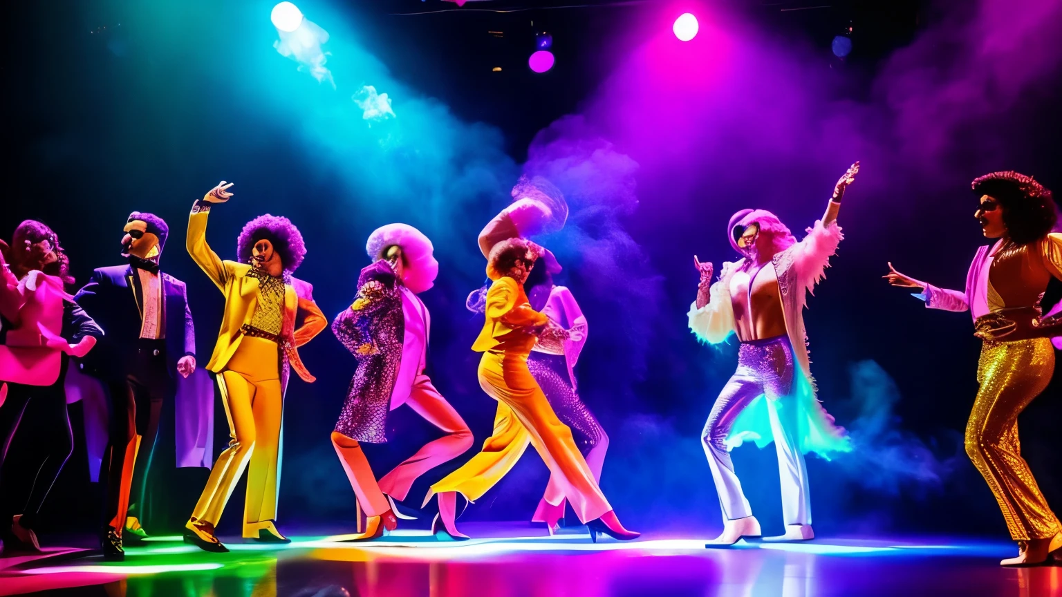 disco,lively atmosphere: Figures dressed in flamboyant 70s clothing, shining under the lights, dance on the ground covered in a subtle haze of fog machine smoke.