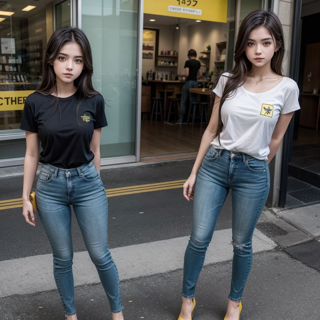 Cute 15 year old girl,by rubio,green eyes,black t-shirt,dark blue tight jean pants,yellow heels