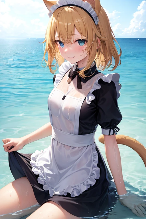 (Super best quality)(Highest quality)(Attention to detail)
Maid clothes, White apron, Headband, (Fashionable clothes)
Gothic Dress, ribbon, Maid clothes, (白と黒のMaid clothes)
Ocean, Beach, High waves, Rough seas, In the water, (Waterlogged), swimming
((Even my clothes are wet 1.1))((Even my clothes are soaked in water)), (Water drop 1.1), Soaking wet, ((Deep water depth)) ((Deeply immersed))
Blonde, Blue Eyes, Cat ear, tail, cute, The best smile, Water droplets all over the body((全身にWater drop 1.1)), Long, Water drops on my arms, Water drips from the clothes, Small breasts, Less exposure, ((Oceanで泳いでいる, crawl)), swim