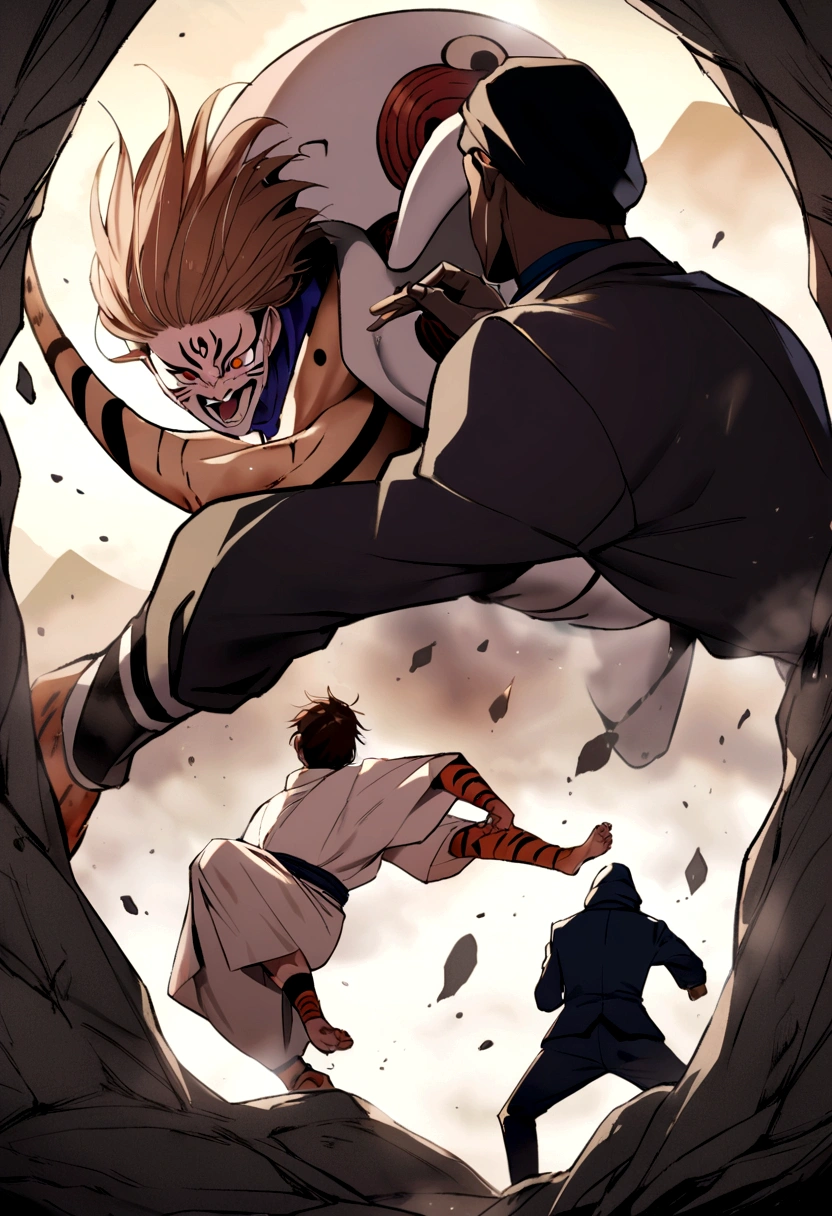 sukuna from jujutsu kaisen with brown hair and a black beanie fighting a black man