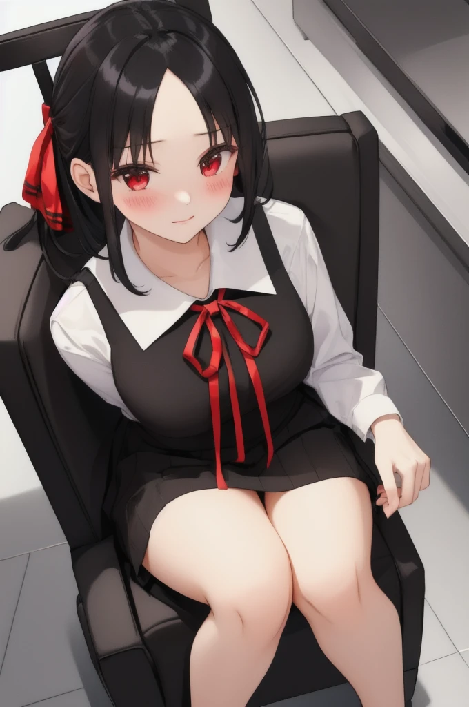 Black Hair、Red ribbon、Take off your panties、Blushing、Embarrassed、On a chair、living、