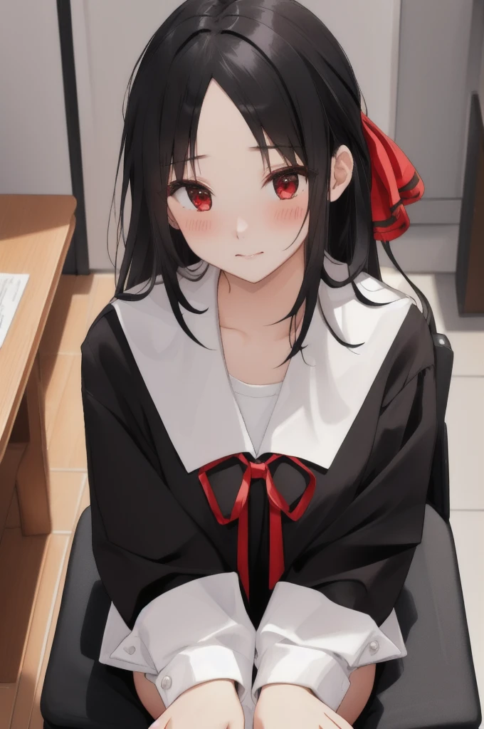 Black Hair、Red ribbon、Take off your panties、Blushing、Embarrassed、On a chair、living、