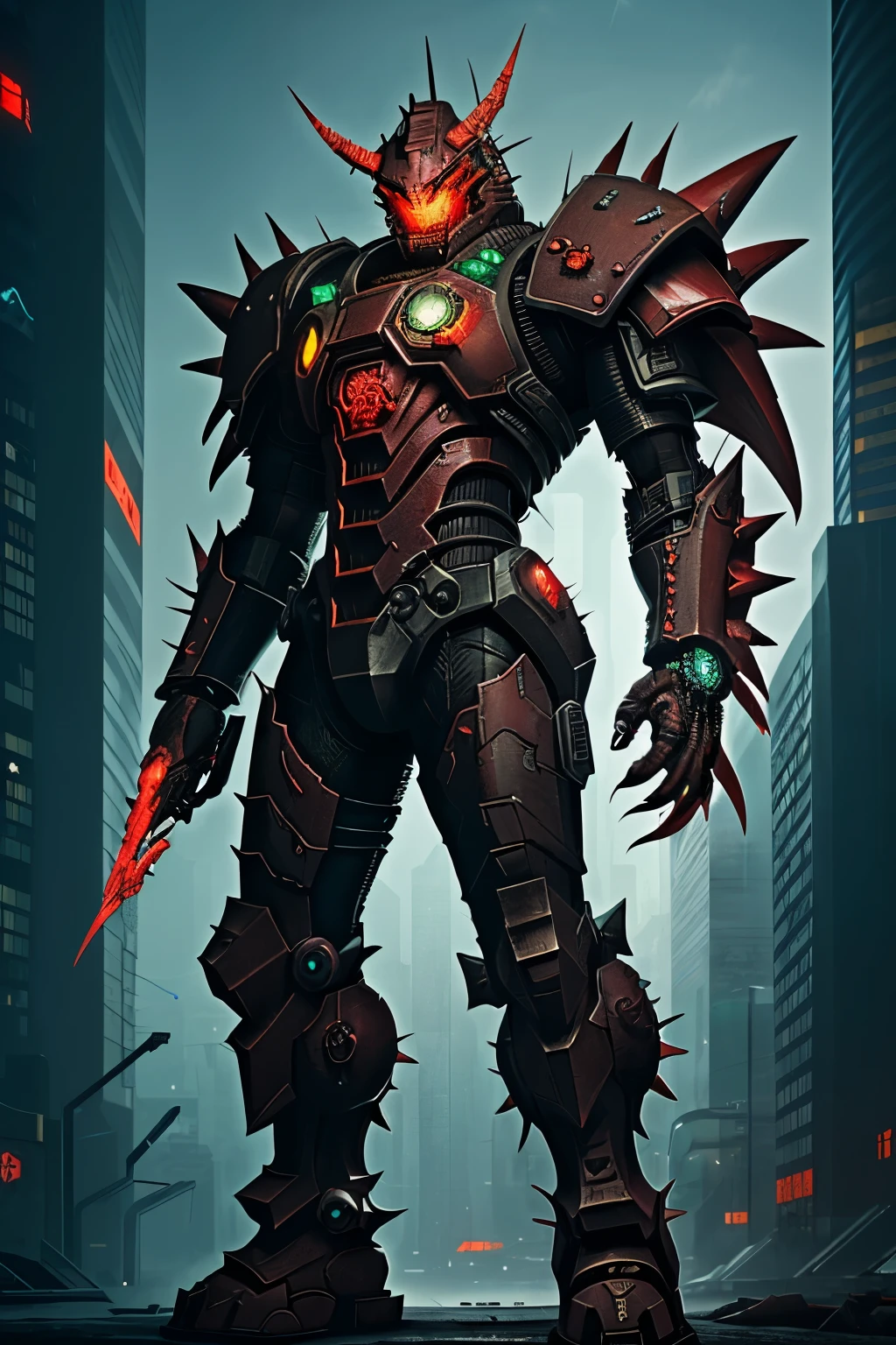 cyberpunk, shadowrun, a red spiky power armor with claws and fangs, made for a half dragon, and with shark etchings on the armor