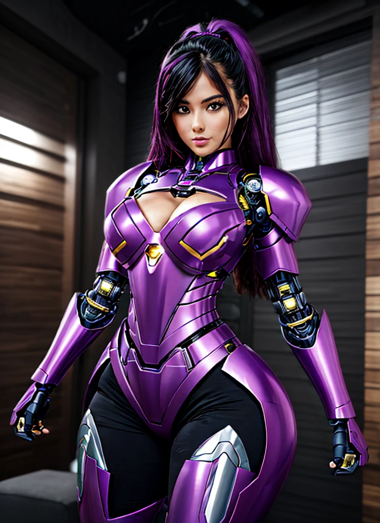 texturized skin, super detaill, High details, high qualiy, best qualityer, high resolution, 1080P, Hard disk, comely,(iron girl),beautiful cyborg woman,Kizi, Mecha,Battle Mode,Kizi ,She uses a purple Iron Man mecha,full body shot shot, completely purple armor