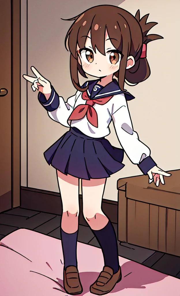 masterpiece,Highest quality,1 Girl,alone,Pokémon-like art style,(bold:1.6),(flat:1.5), BROWN_HAIR,FOLDED_PONYTAIL,BROWN_eyes,serafuku,LONG_HAIR,SCHOOL_uniform,SKIRT,PLEATED_SKIRT,indoor