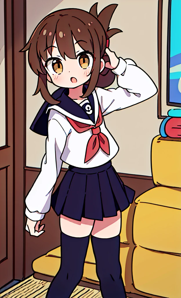 masterpiece,Highest quality,1 Girl,alone,Pokémon-like art style,(bold:1.6),(flat:1.5), BROWN_HAIR,FOLDED_PONYTAIL,BROWN_eyes,serafuku,LONG_HAIR,SCHOOL_uniform,SKIRT,PLEATED_SKIRT,indoor