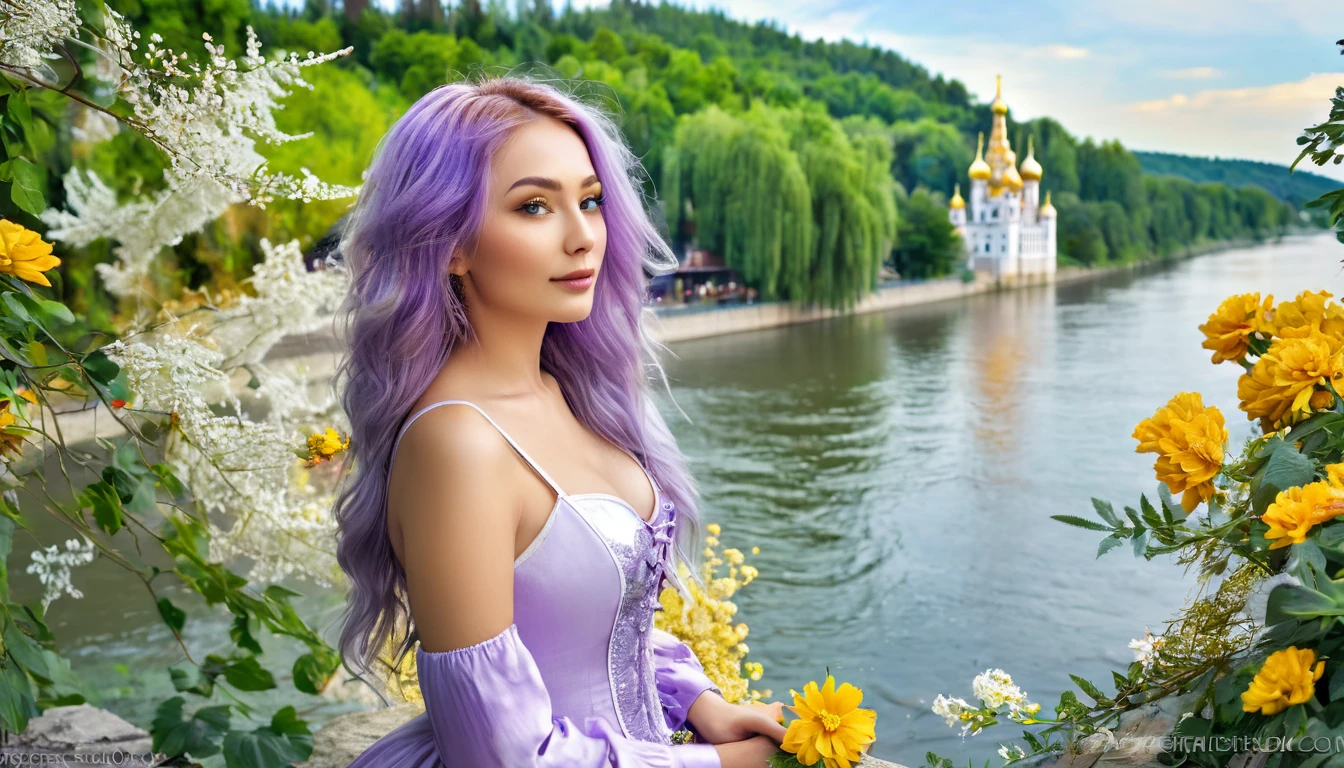 hdr digital image, 8k, most beautiful image in the world, high walls, white ivory walls with gold, a large deep river, surrounded by tall trees, colorful flowers, a golden tower in the background, a beautiful young Russian woman, 30 years old , cute, long light purple hair, close to the river
