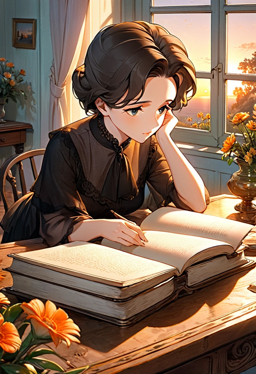 The philosopher Hanna Arendt looks sadly at a book on an antique table and she, near a window that announces the sunset. Y las ideas se representan con flores.