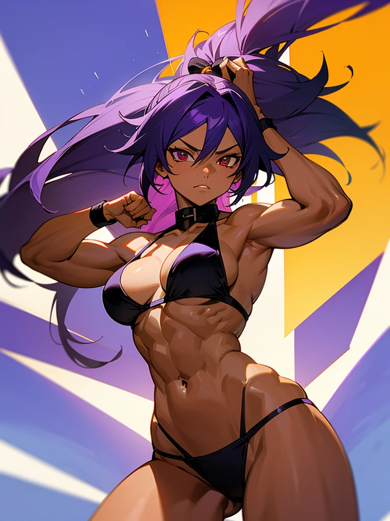 18 year old Yoruichi Shihōin from Bleach with tanned skin in a purple thong bikini flexing her muscles with her hands behind her head so they are not visible to fully show off her rock hard abs as she looks down on you like you’re unworthy, highly detailed