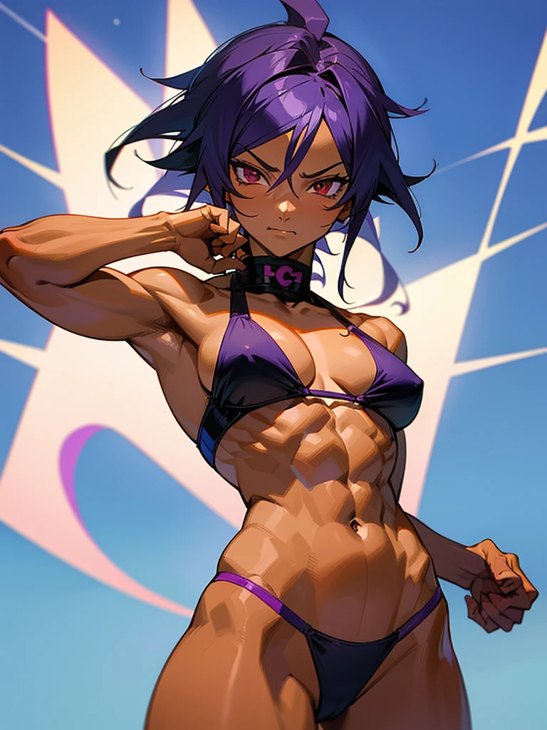 18 year old Yoruichi Shihōin from Bleach with tanned skin in a purple thong bikini flexing her muscles with her hands behind her head so they are not visible to fully show off her rock hard abs as she looks down on you like you’re unworthy, highly detailed 