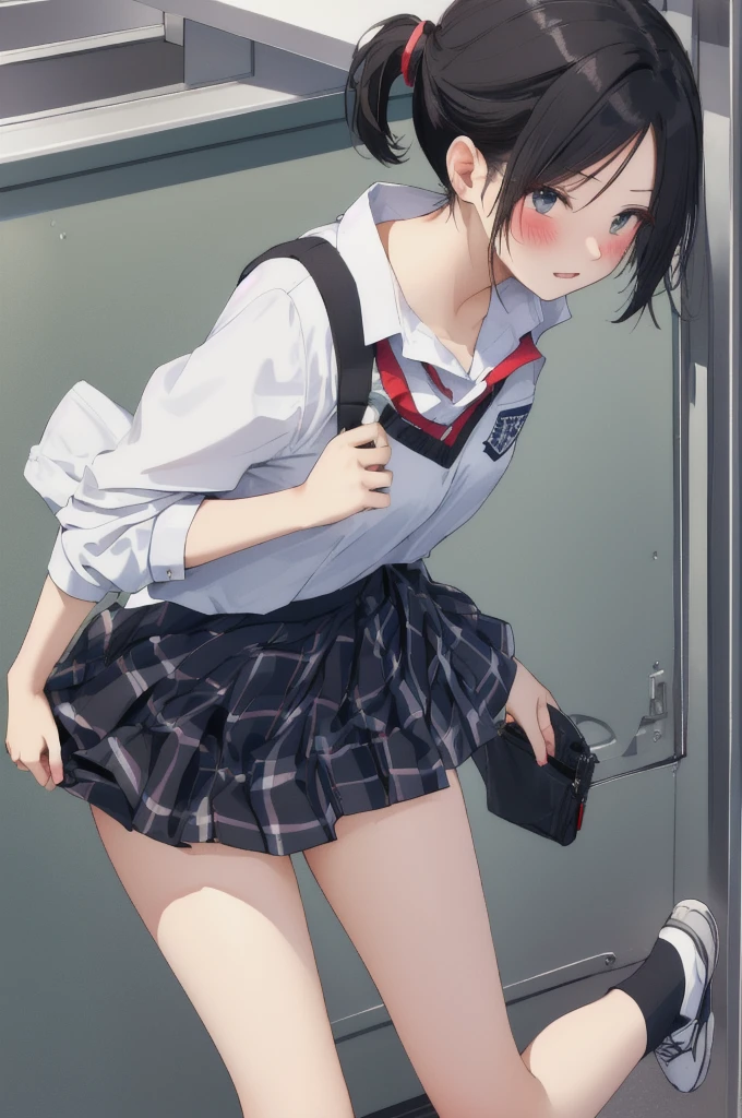 Black Hair、short hair、Short Ponytail、Blushing、Embarrassed、Take off your panties、、School classroom、blackboard