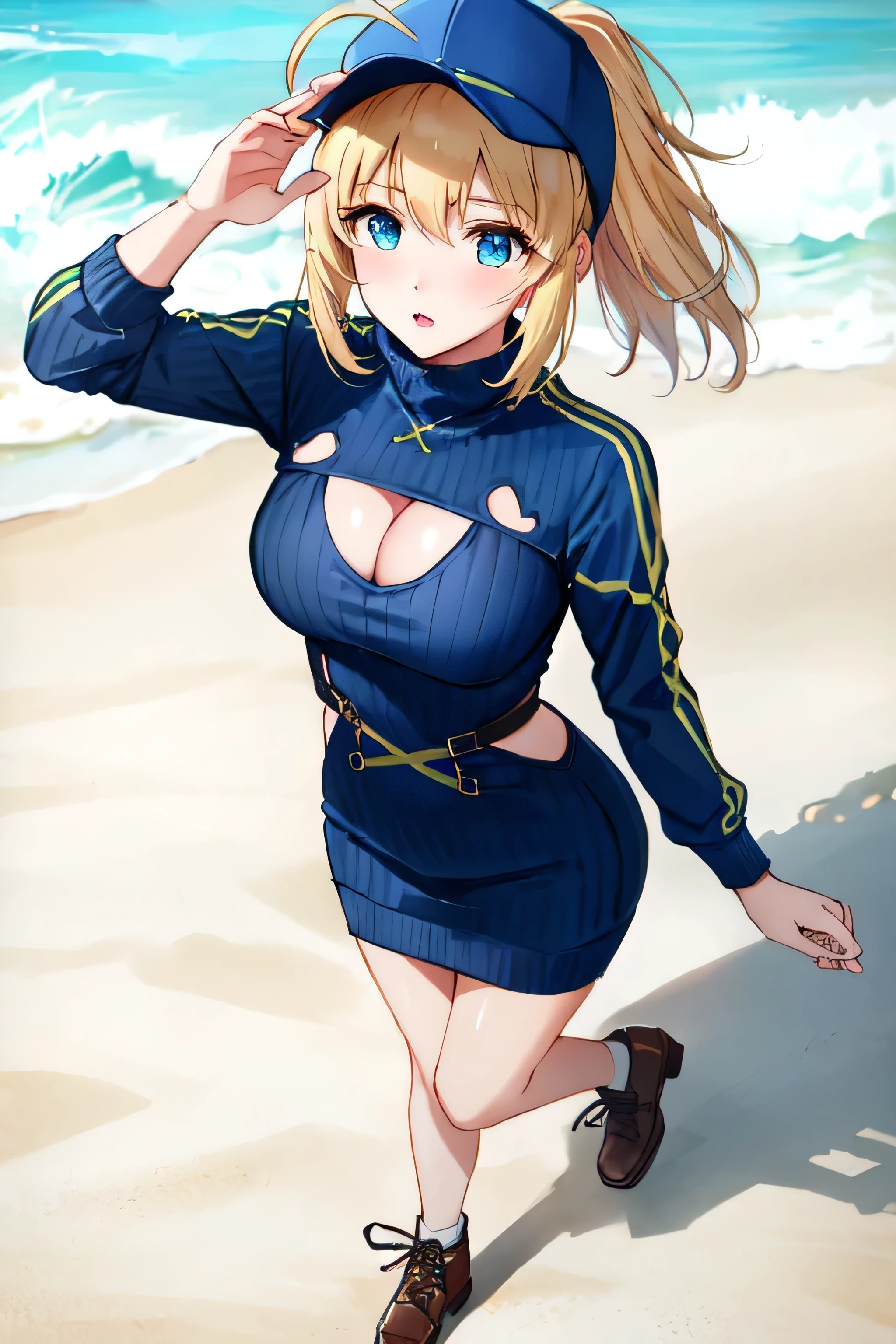 absurdres, best_quality, uhd, 5k, (masterpiece:1.4), (best quality:1.4), realistic, 1girl, serious, mysterious heroine xx \(fate\), ahoge, baseball cap, blue headwear, hair through headwear, ((blue turtleneck sweater dress)), (((cleavage_cutout))), (medium breasts), bare legs, ankle boots, at a resort, at hotel, in winter, (from above:1.2), 