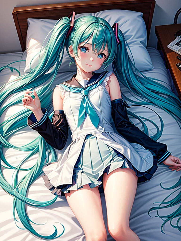 (masterpiece:1.4、Highest quality、shape:1.4,Realistic、)、(One Girl),(Clear Face:1.3),(Miku hatume),Cute face,blue eyes、()、
,(stand:1.4),(A radiant smile),
,(thin),(),
(Fluorescent light green long hair:1.6,,),(Twin tails), (Small breasts:1.3)、
、thin、Hatsune_Miku_Blue Archive、Sexy pose、Sailor suit、、uniform、bed、Bedroom、Are sleeping、Thighs