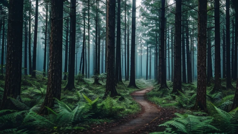 a mysterious forest full of trees and vegetation. High 8K image quality . Among the trees a mysterious dark human figure.