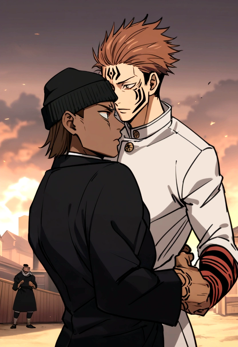 ryomen sukuna from jujutsu kaisen with brown hair and a black beanie fighting an african man anime