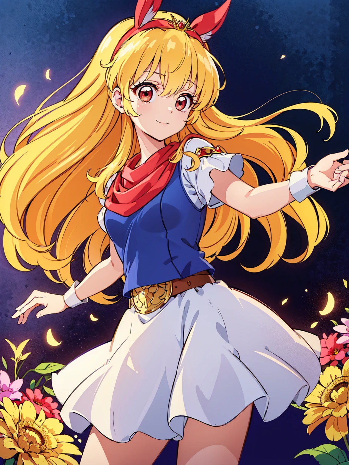 masterpiece、1 beautiful girl、fine eyes、smile,puffy eyes、highest quality, 超High resolution, (reality: 1.4), movie lighting、super beautiful、beautiful skin、body facing forward、Upper body,close up of face,(Ultra-realistic)、(High resolution)、(8k)、(very detailed)、(Beautiful and fine eyes)、(Super detailed)、 (wall-)、detailed face、bright lighting、professional lighting、looking at the viewer、look straight ahead、slanted bangs、perfect cosplay, highest quality,super detailed,1 girl,alone,magical princess,blonde hair,blue clothes,blue skirt,brown eyes,feather hair band,long hair,pauldron,boots,red scarf,tiara,white shoes, flower field background,prepare a bow