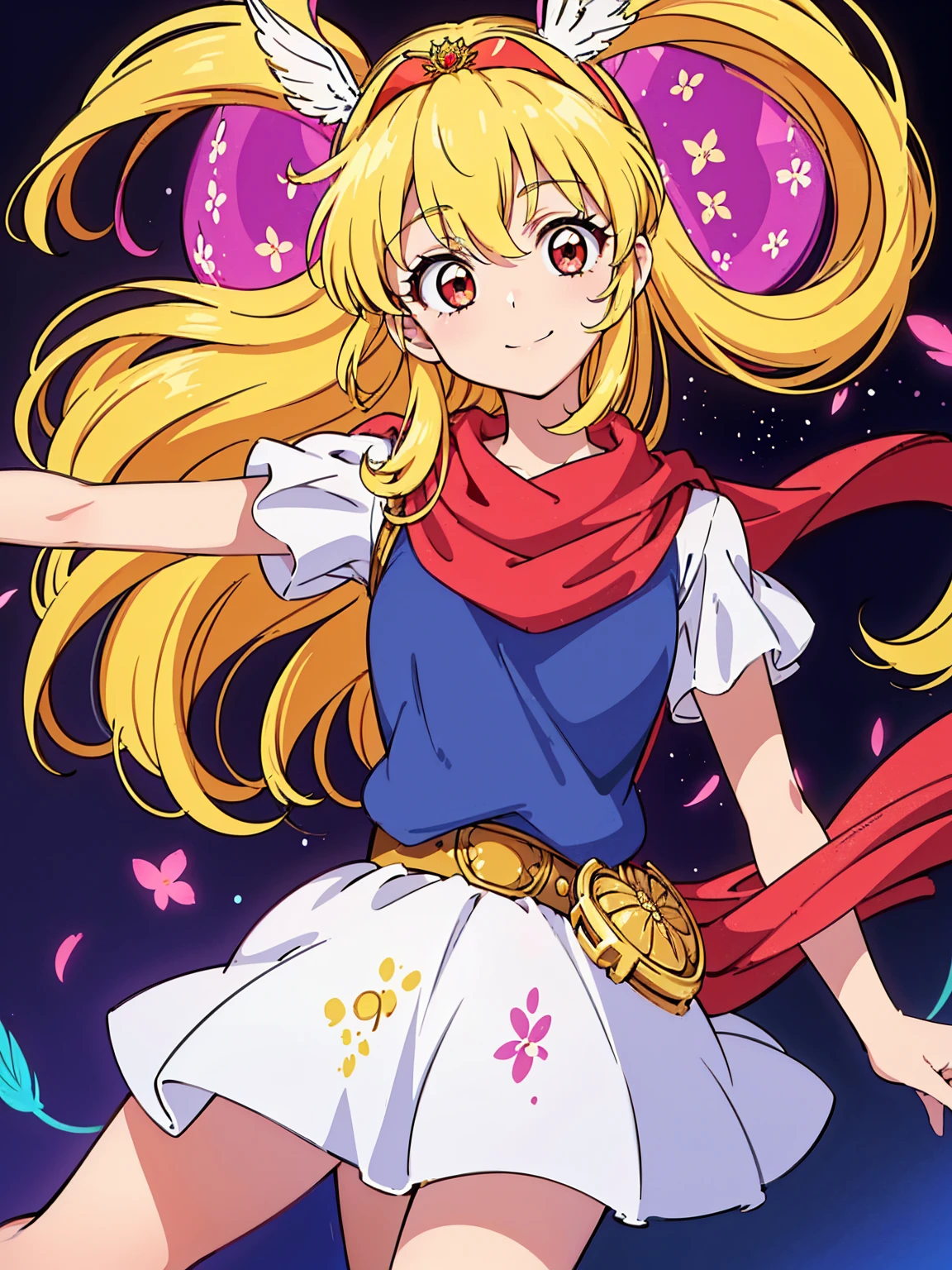 masterpiece、1 beautiful girl、fine eyes、smile,puffy eyes、highest quality, 超High resolution, (reality: 1.4), movie lighting、super beautiful、beautiful skin、body facing forward、Upper body,close up of face,(Ultra-realistic)、(High resolution)、(8k)、(very detailed)、(Beautiful and fine eyes)、(Super detailed)、 (wall-)、detailed face、bright lighting、professional lighting、looking at the viewer、look straight ahead、slanted bangs、perfect cosplay, highest quality,super detailed,1 girl,alone,magical princess,blonde hair,blue clothes,blue skirt,brown eyes,feather hair band,long hair,pauldron,boots,red scarf,tiara,white shoes, flower field background,prepare a bow