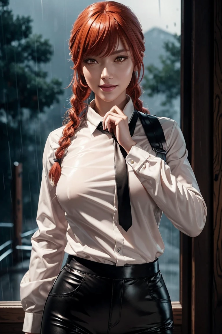 Chainsaw Man,Makima,With bangs,Red Hair,Braids at the back,Yellow eyes,White long sleeve shirt,Black tie,Black Leather Pants,Ultra HD,super high quality,masterpiece,Digital SLR,Photorealistic,Detailed details,Vivid details,Depicted in detail,A detailed face,Detailed details,Super Detail,Realistic skin texture,Anatomical basis,Perfect Anatomy,Anatomically correct hand,Anatomically correct fingers,Complex 3D rendering,Sexy pose,Rainy Sky,Beautiful scenery,Fantastic rainy sky,Picturesque,Pink Lips,smile,