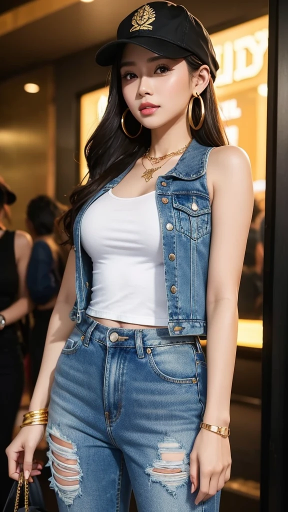 beautiful Indonesian woman wearing tanktop, crop denim jacket, hoops earing, gold necklace, ripped jeans,branded handbag, military flat cap, she standing at Jakarta night club with her beautiful friend