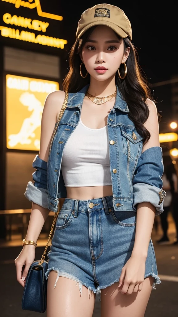 beautiful Indonesian woman wearing tanktop, crop denim jacket, hoops earing, gold necklace, ripped jeans,branded handbag, military flat cap, she standing at Jakarta night club with her beautiful friend
