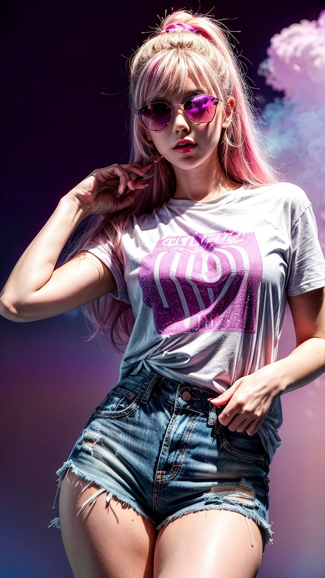 beautiful body of 30 years old woman wearing sunglasses with purple frames and pink color glass illuminated by colorful lights photorealistic background bright colors Luminous background of neon pink and neon blue glitter powder with blonde hair pink and blue smoke vapor, Blue eyes,wide,ripped shorts,White shirt,
