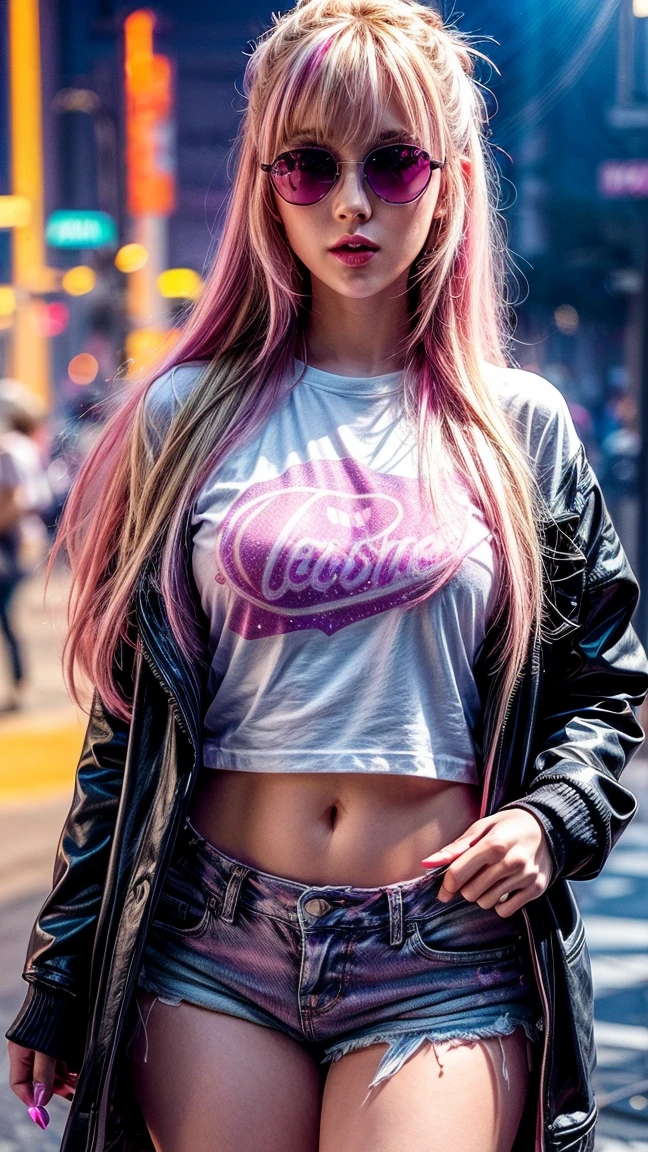 beautiful body of 30 years old woman wearing sunglasses with purple frames and pink color glass illuminated by colorful lights photorealistic background bright colors Luminous background of neon pink and neon blue glitter powder with blonde hair pink and blue smoke vapor, Blue eyes,wide,ripped shorts,White shirt,
