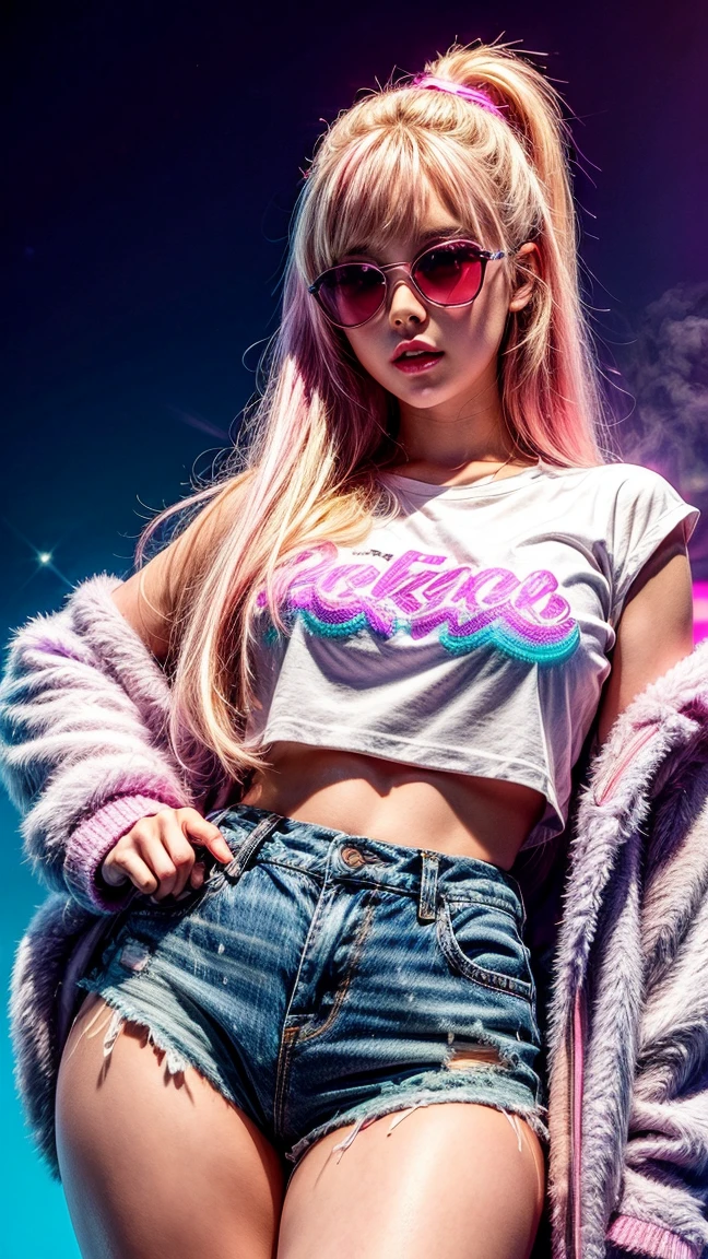 beautiful body of 30 years old woman wearing sunglasses with purple frames and pink color glass illuminated by colorful lights photorealistic background bright colors Luminous background of neon pink and neon blue glitter powder with blonde hair pink and blue smoke vapor, Blue eyes,wide,ripped shorts,White shirt,