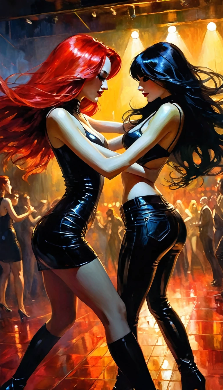 A beautiful girl with long flowing red hair, a second girl with long black hair, both wearing sexy leather , dancing affectionately on the nightclub dance floor, oil painting, art inspired by Bill Sienkiewicz, (best quality,4k,8k,highres,masterpiece:1.2),ultra-detailed,(realistic,photorealistic,photo-realistic:1.37),high quality,vivid colors,chiaroscuro lighting,dramatic shadows,moody atmosphere