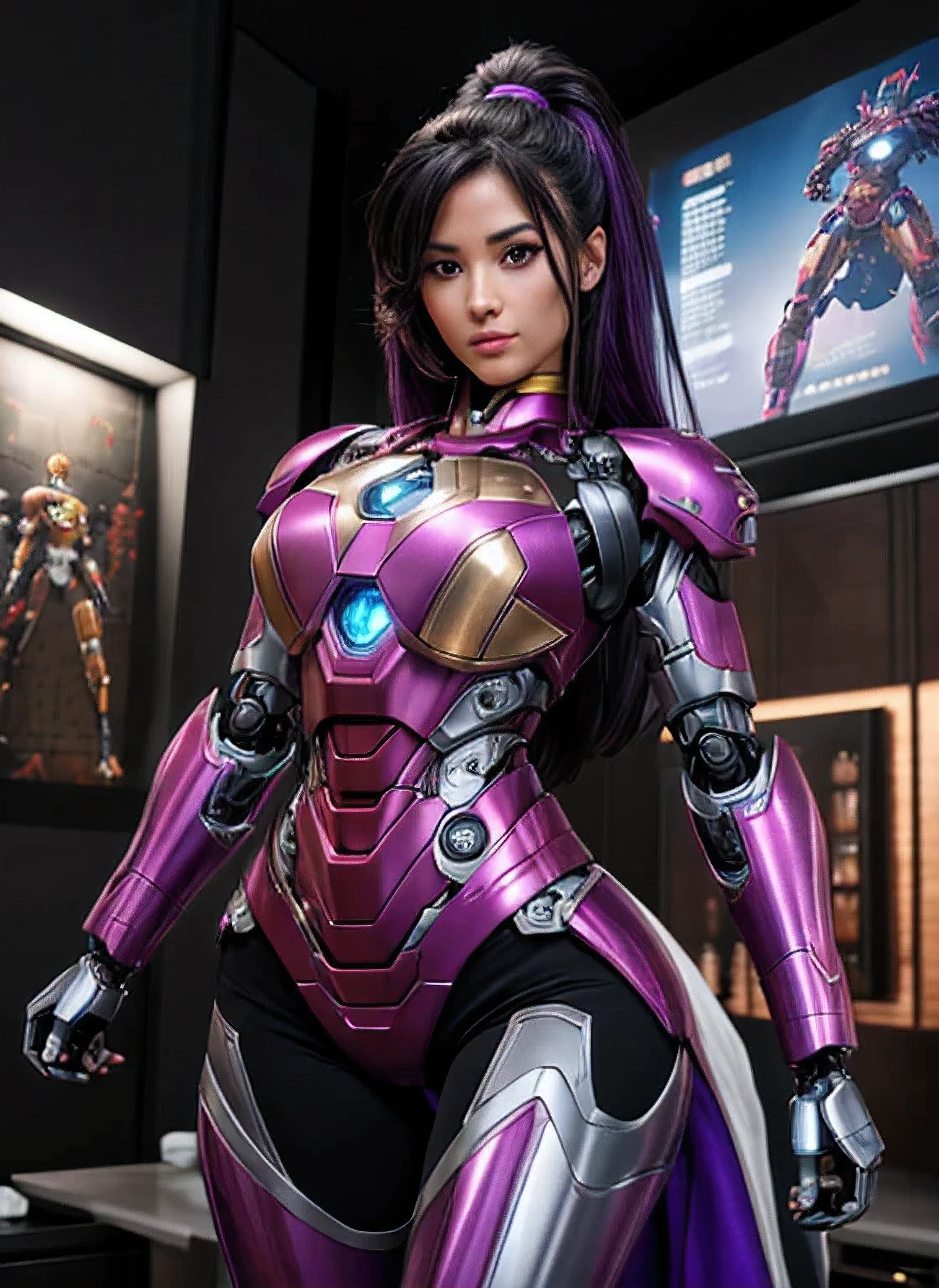 texturized skin, super detaill, High details, high qualiy, best qualityer, high resolution, 1080P, Hard disk, comely,(iron girl),beautiful cyborg woman,Kizi, Mecha,Battle Mode,Kizi ,She uses a purple Iron Man mecha,full body shot shot, completely purple armor