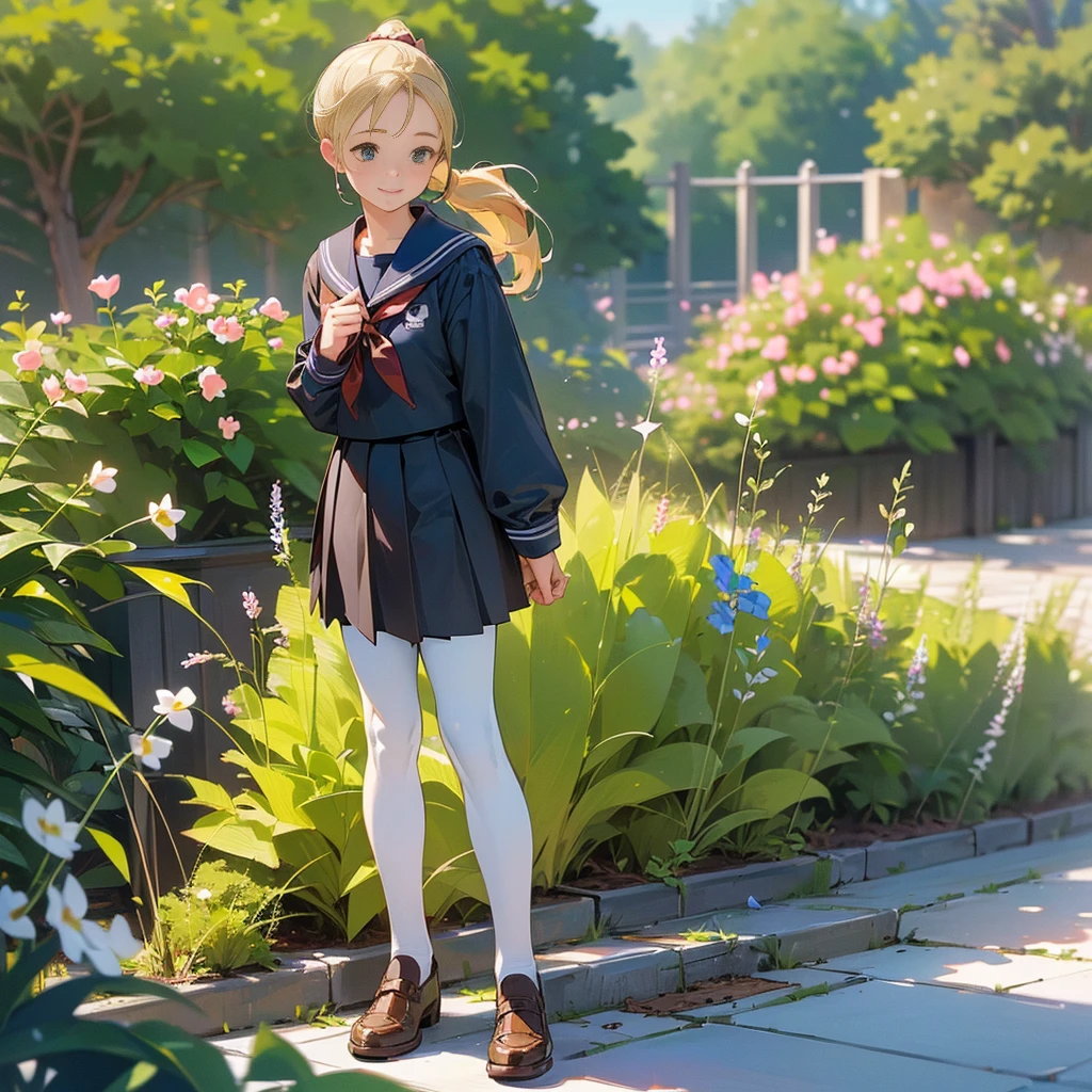 (Highest quality,High resolution,Very detailed,Realistic:1.37),Peaceful atmosphere,(Outdoor,garden),Teenage girl standing alone,Beautifully detailed features,Cute Smile,(Blonde ponytail),navy sailor suit,Pleated skirt,black tights,Brown leather shoes.