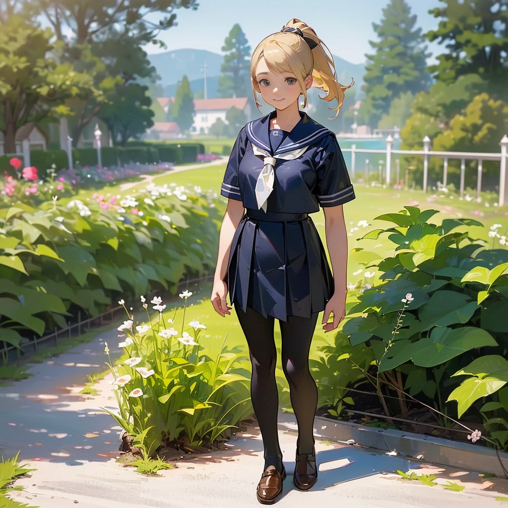 (Highest quality,High resolution,Very detailed,Realistic:1.37),Peaceful atmosphere,(Outdoor,garden), girl standing alone,Beautifully detailed features,Cute Smile,(Blonde ponytail),navy sailor suit,Pleated skirt,black tights,Brown leather shoes.