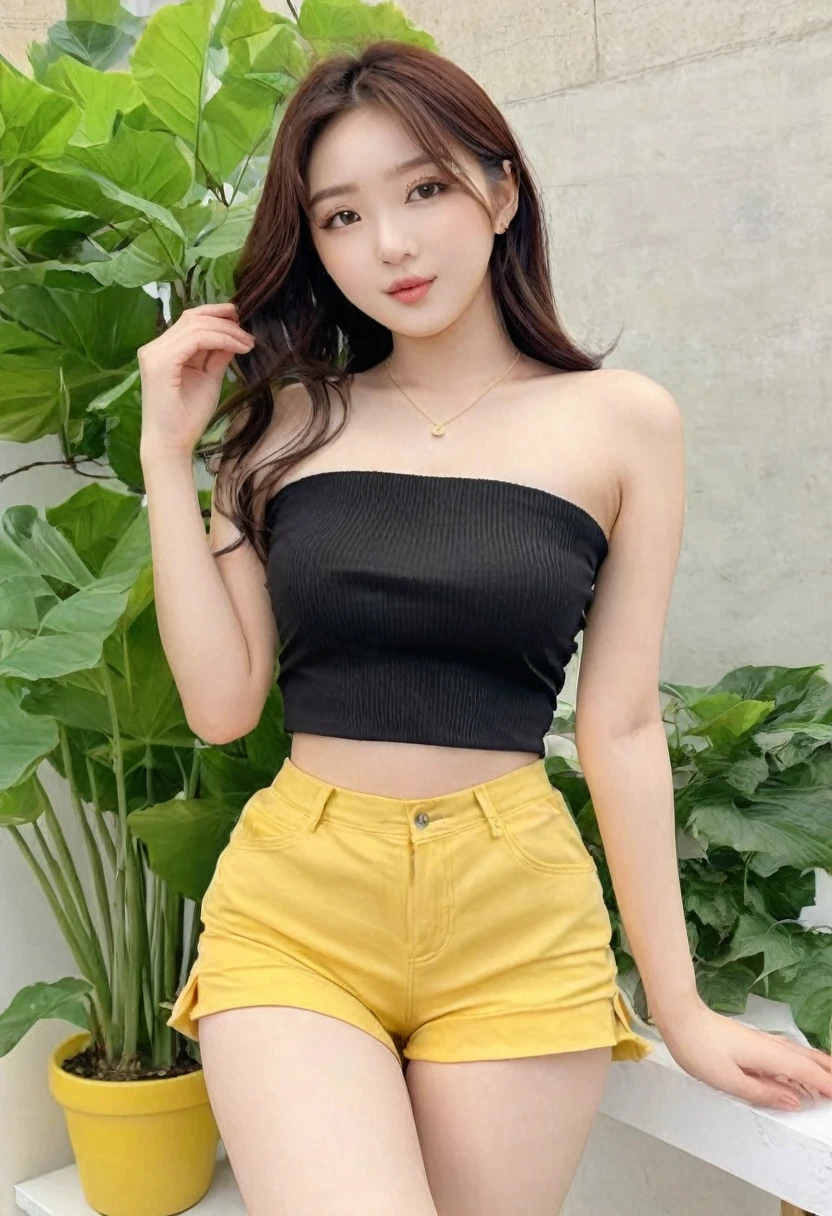 ((Best resolution)), ((high quality:1.2)), Work of art, 8k, extremely detailed, ((High detail:1.2)), (HotLexi woman), (ulzzang-6500:0.85), Solo, 24 years old Korean Ulzzang female, ((yellow mini-shorts, cotton black strapless blouse)),